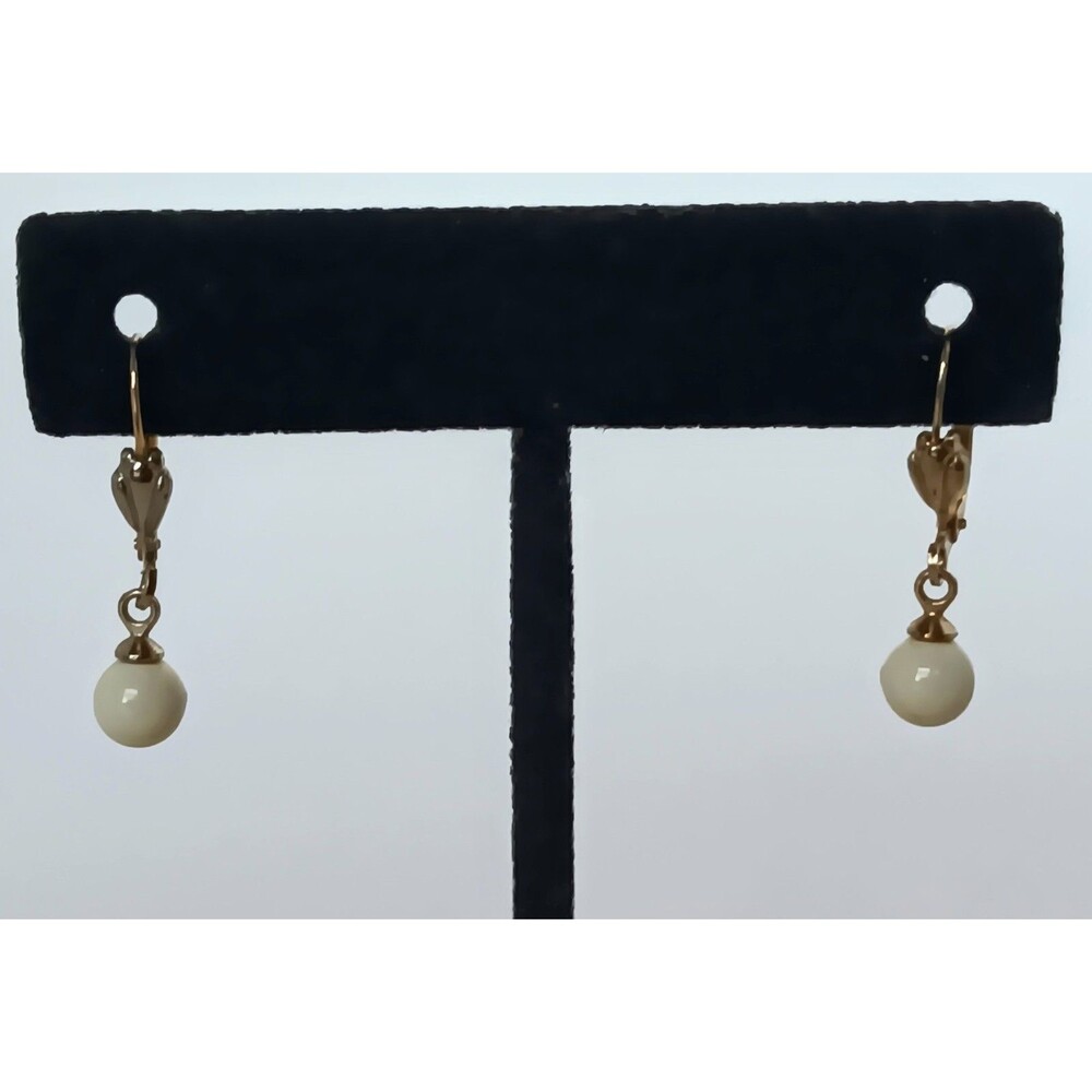 Vintage Signed W Germany Goldtone Leverback Cream Ball Dangle Earrings 1 in